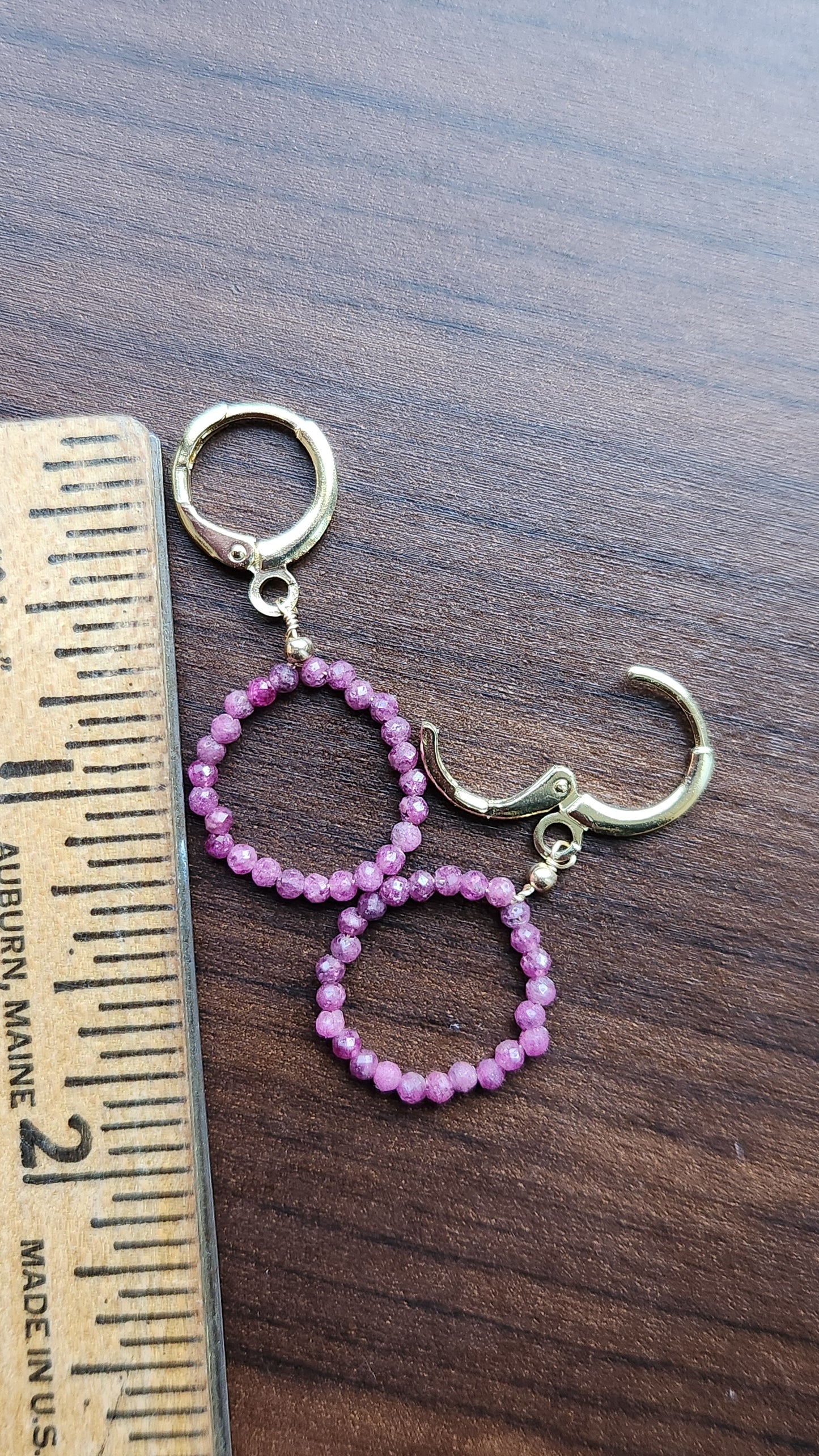 Handmade Ruby Circle dangle earrings (1.25" long) 18k Gold plated ear clasps