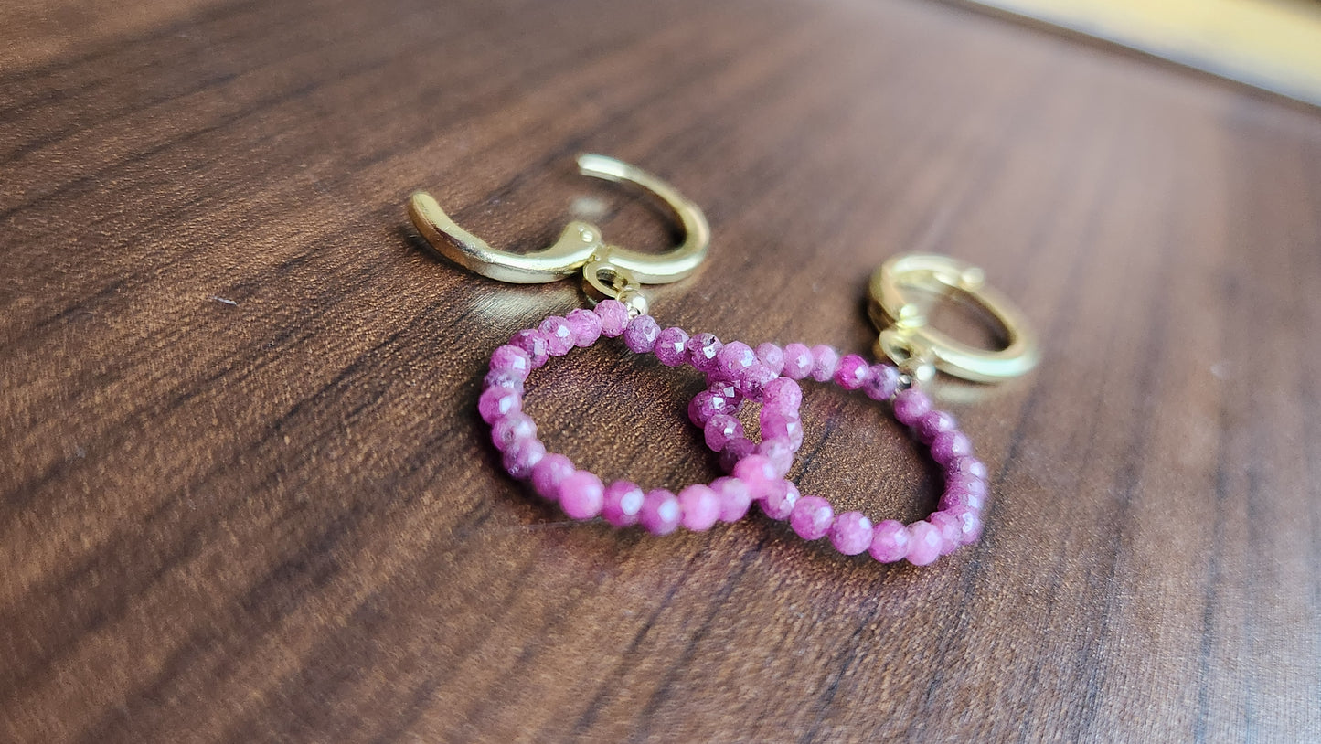 Handmade Ruby Circle dangle earrings (1.25" long) 18k Gold plated ear clasps