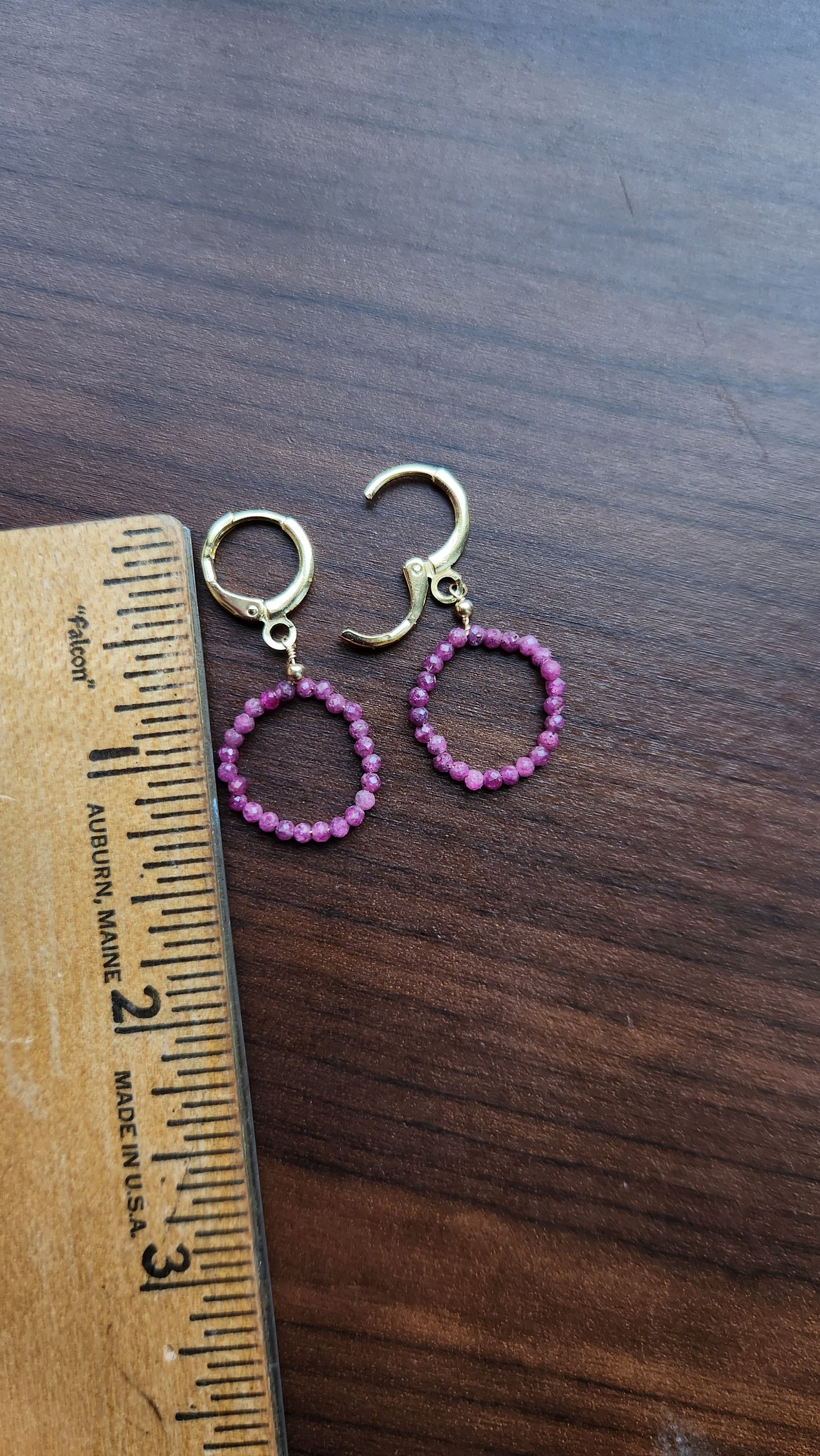 Handmade Ruby Circle dangle earrings (1.25" long) 18k Gold plated ear clasps