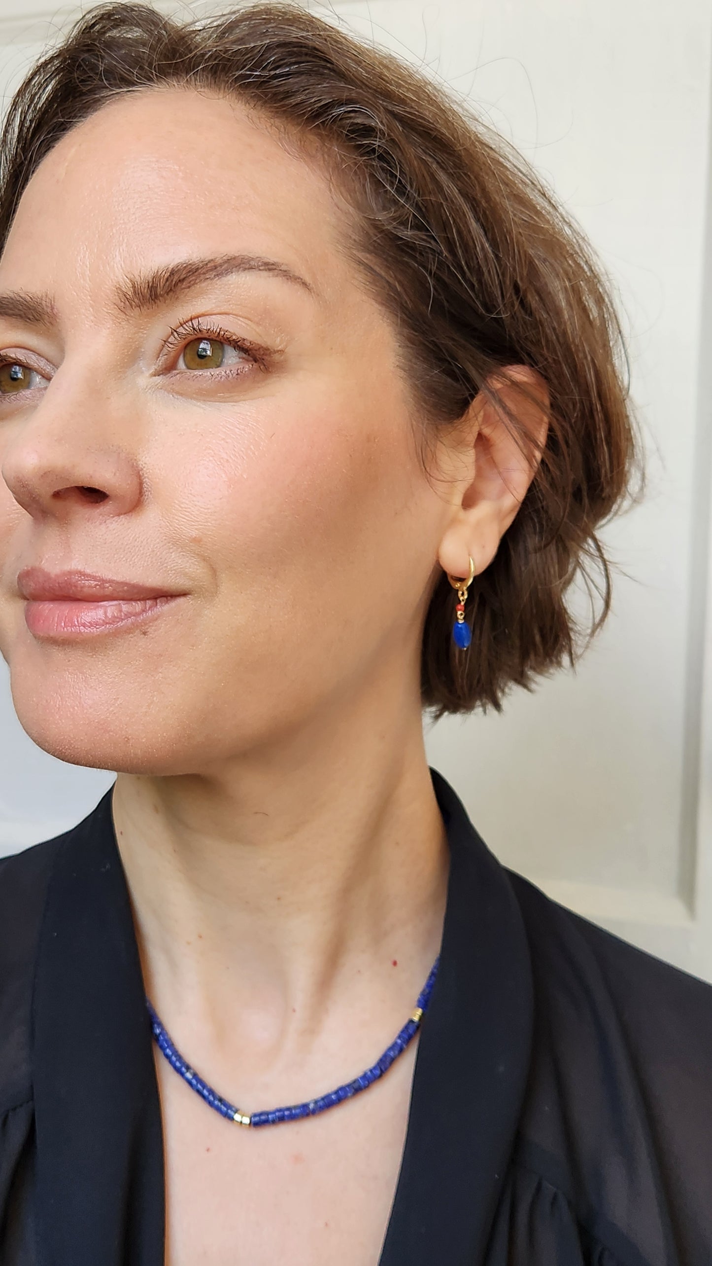 Handmade Blue Lapis and Coral dangle earrings (1.5" long) 18k Gold plated ear clasps
