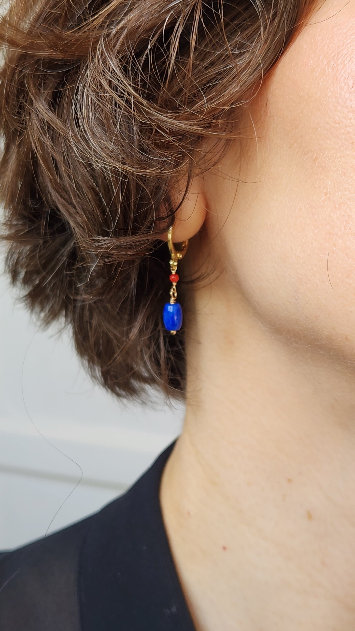 Handmade Blue Lapis and Coral dangle earrings (1.5" long) 18k Gold plated ear clasps