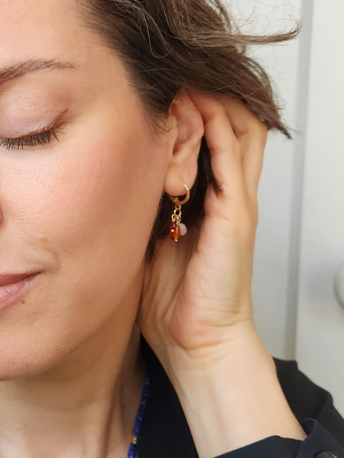 Handmade "Jubilee Trio" dangle earrings - Carnelian Garnet Rose Quartz (1.25" long) 18k Gold plated ear clasps