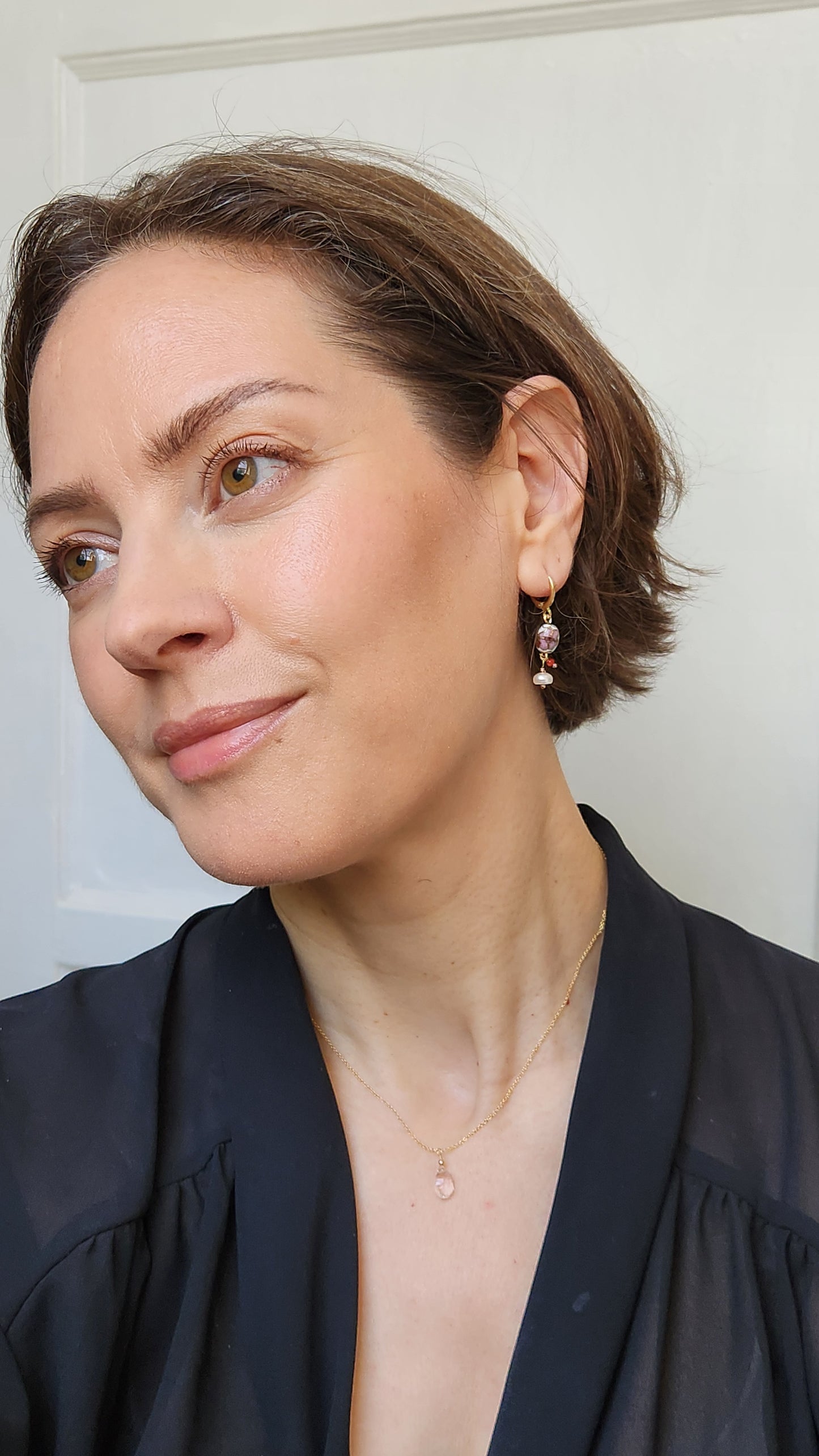 Handmade Cloisonné Coral and Pearl dangle earrings (1.25" long) 18k Gold plated ear clasps