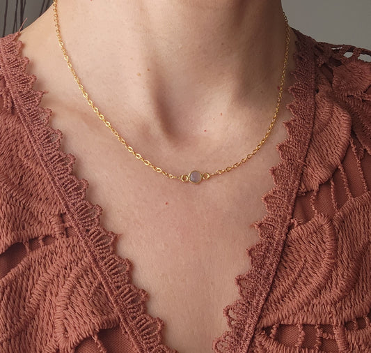 Choupette 16" 14k Gold Filled Chain with Bezeled Gemstone Circle Labradorite, Ruby, Onyx, Emerald, Lapis