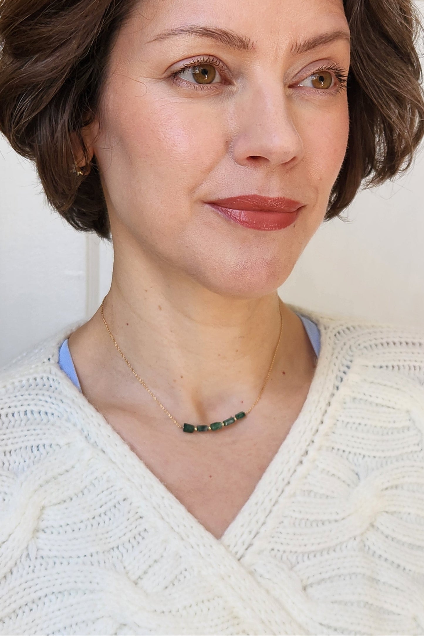 "Cosima" Green Aventurine Row Necklace with 14k Gold-Filled Chain  15"