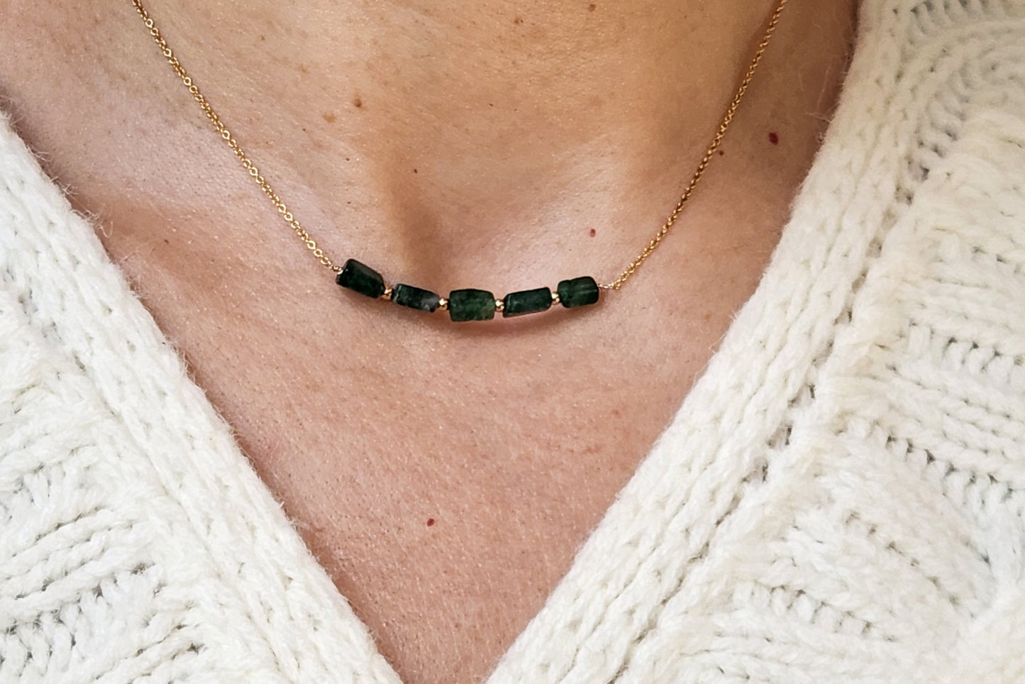 "Cosima" Green Aventurine Row Necklace with 14k Gold-Filled Chain  15"