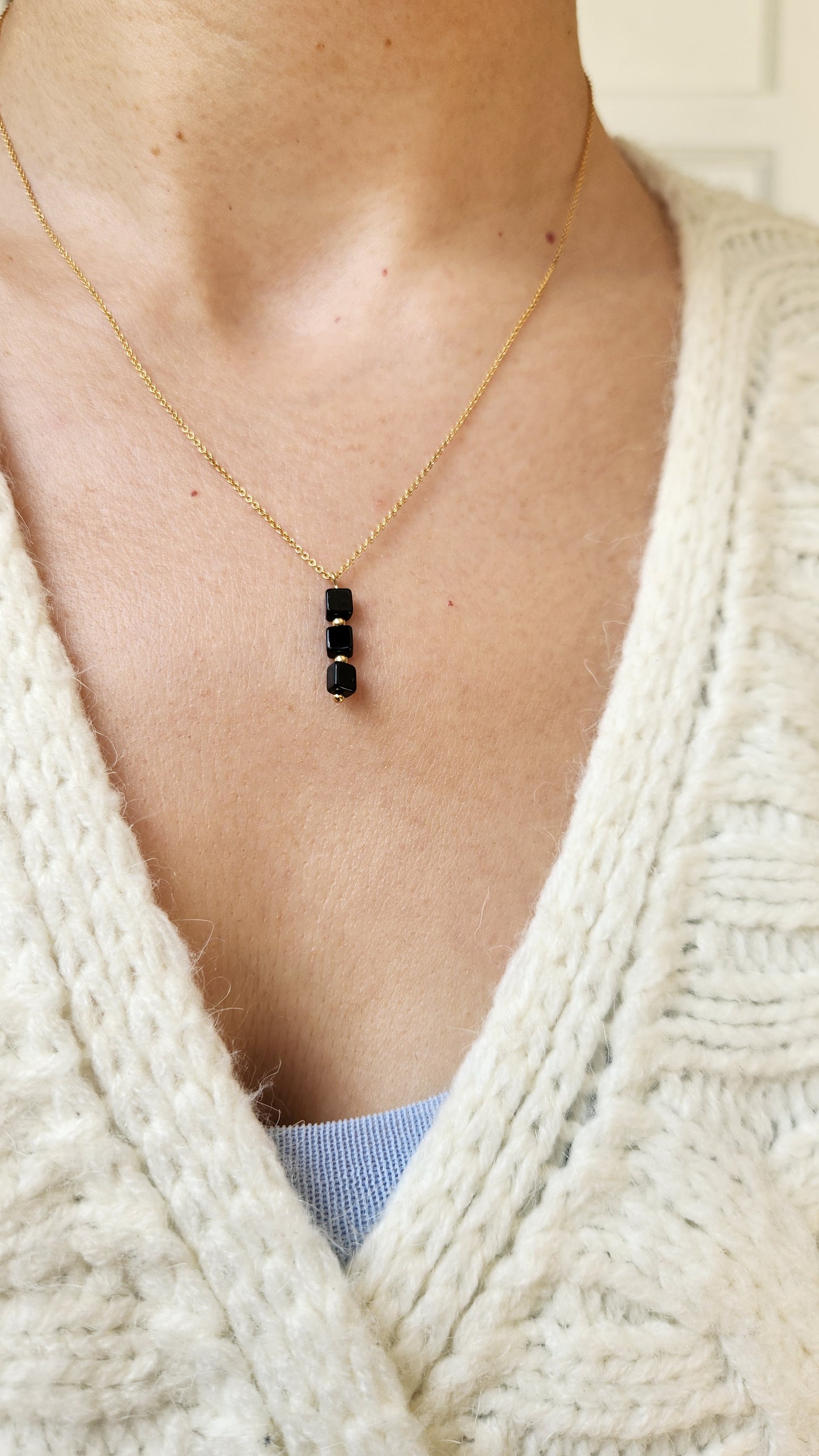 "Emme" Black Tourmaline Trio Pendant necklace on 14k Gold-Filled Chain  18" inch