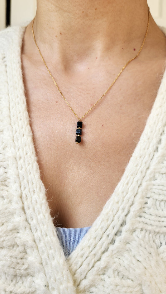 "Emme" Black Tourmaline Trio Pendant necklace on 14k Gold-Filled Chain  18" inch