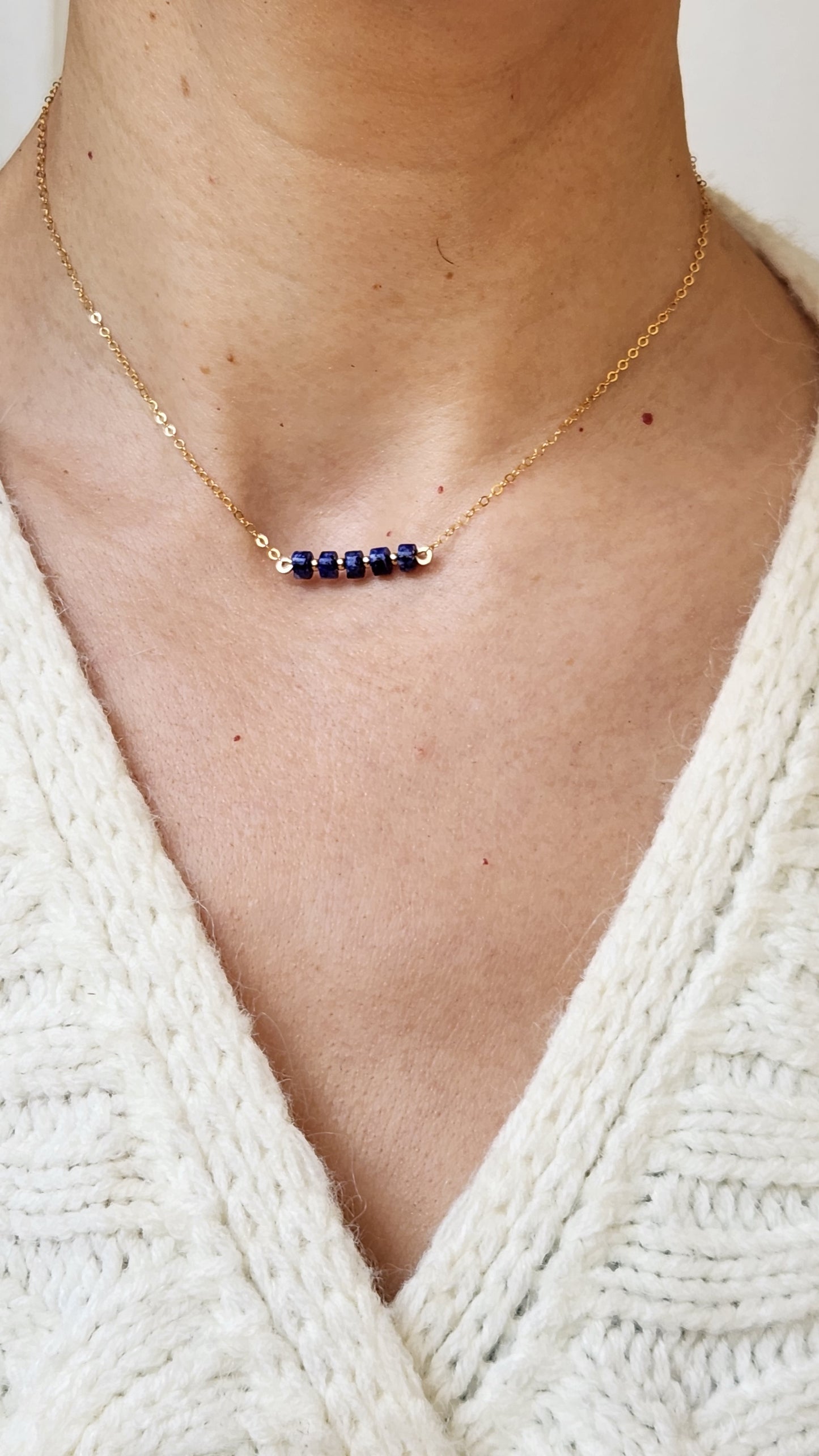 "Misha" Blue Lapis Row Necklace with 14k Gold-Filled Chain  15" inch