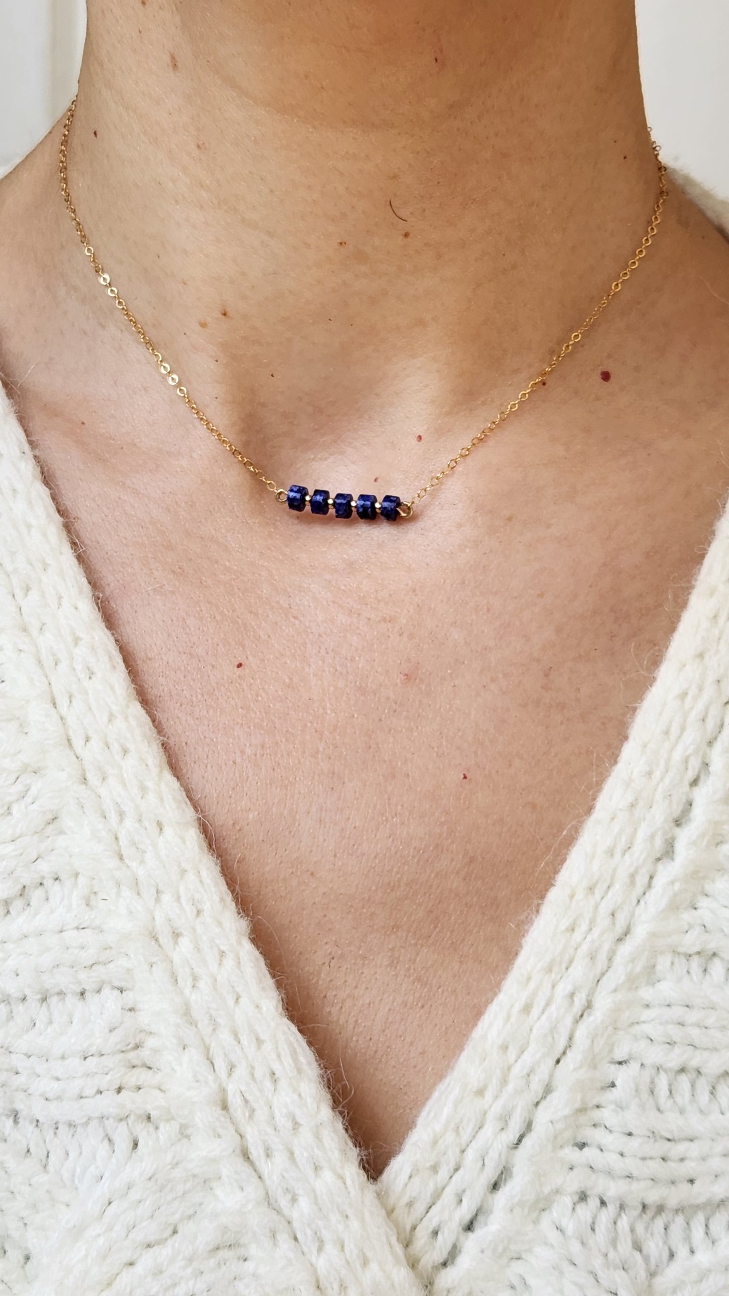 "Misha" Blue Lapis Row Necklace with 14k Gold-Filled Chain  15" inch
