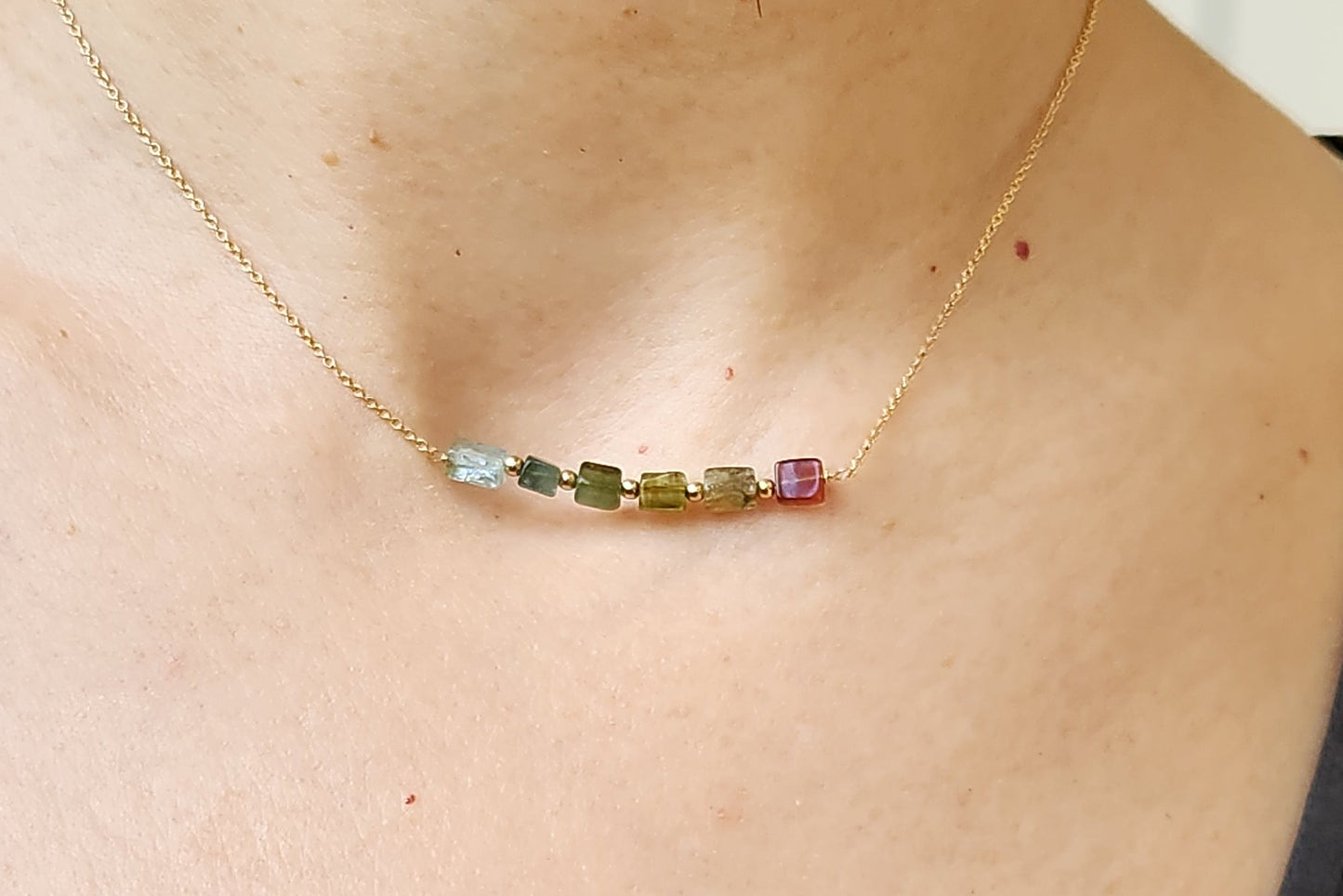 "Cosima" Tourmaline Row Necklace with 14k Gold-Filled Chain  15" Pink-Green-Gray-Aqua