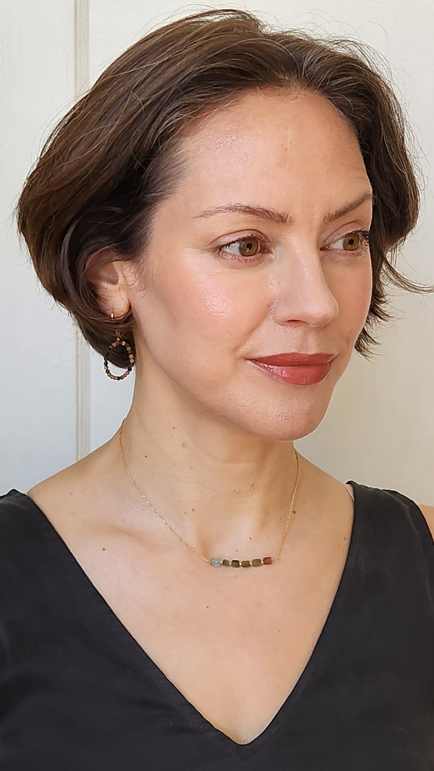 "Cosima" Tourmaline Row Necklace with 14k Gold-Filled Chain  15" Pink-Green-Gray-Aqua