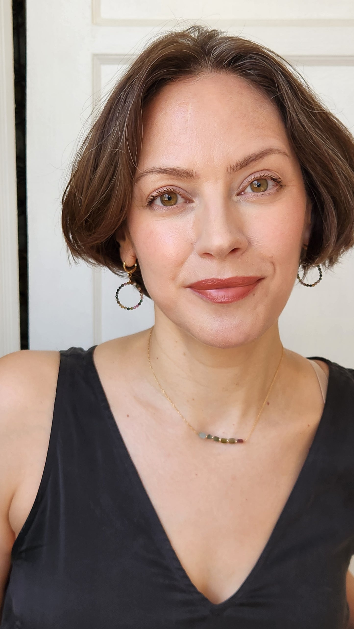 "Cosima" Tourmaline Row Necklace with 14k Gold-Filled Chain  15" Pink-Green-Gray-Aqua