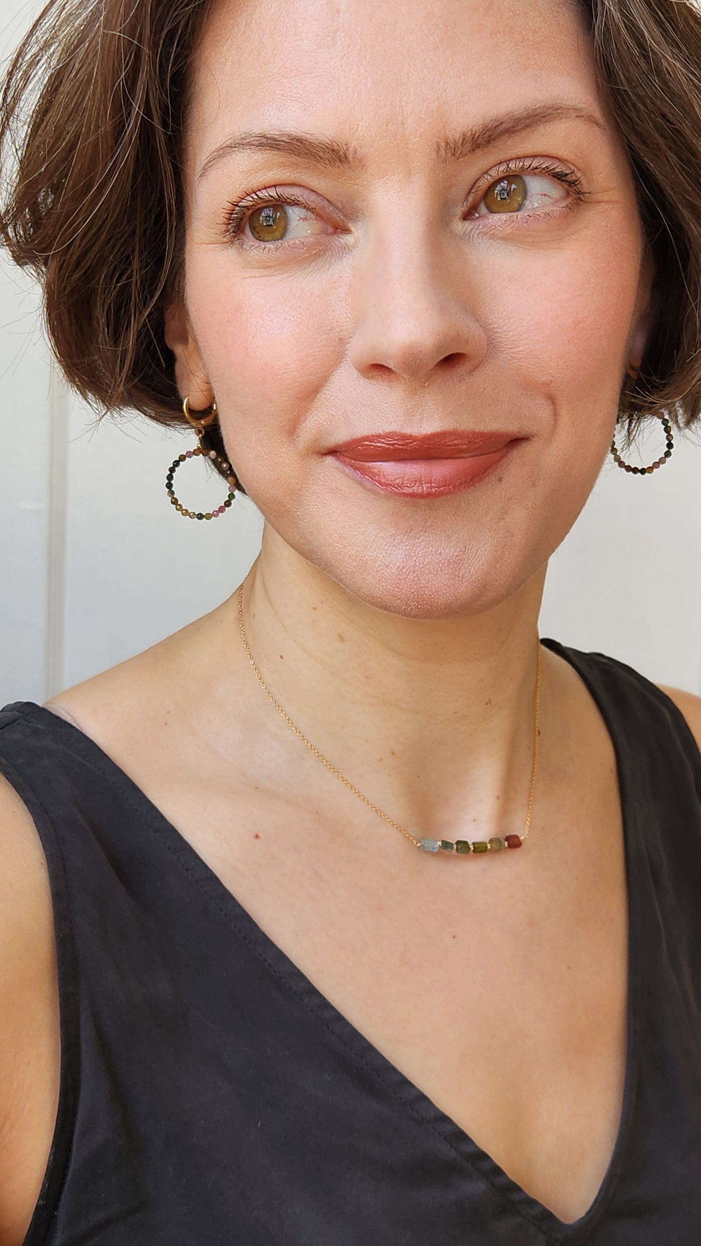 "Cosima" Tourmaline Row Necklace with 14k Gold-Filled Chain  15" Pink-Green-Gray-Aqua