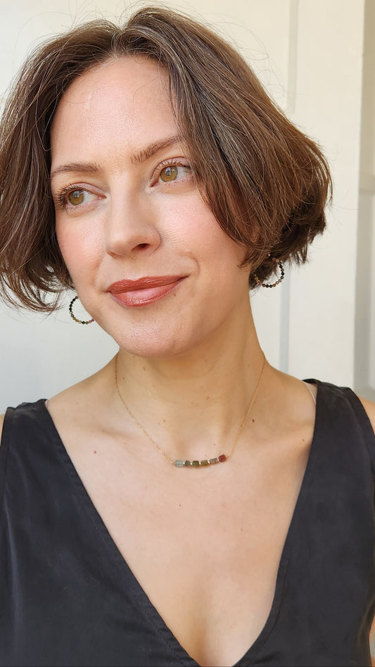 "Cosima" Tourmaline Row Necklace with 14k Gold-Filled Chain  15" Pink-Green-Gray-Aqua