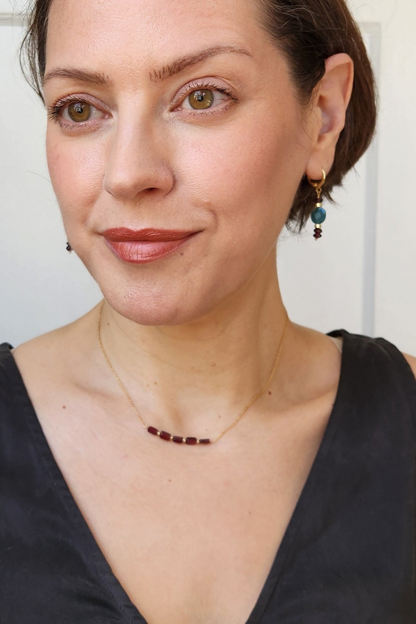 "Cosima" Garnet Row Necklace with 14k Gold-Filled Chain  15"