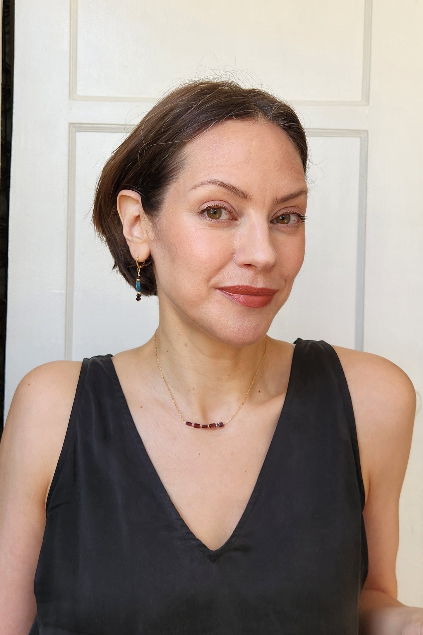 "Cosima" Garnet Row Necklace with 14k Gold-Filled Chain  15"