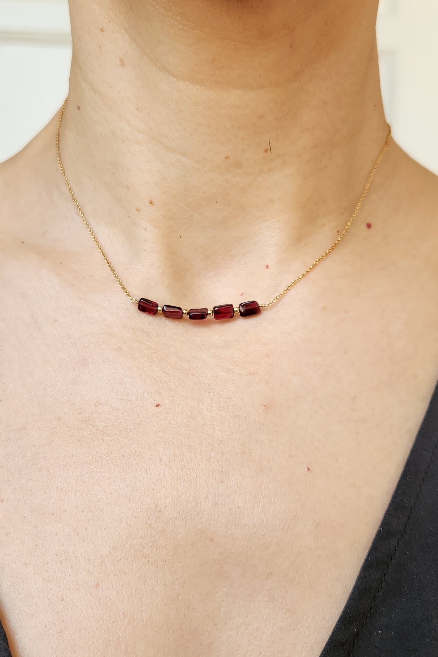 "Cosima" Garnet Row Necklace with 14k Gold-Filled Chain  15"