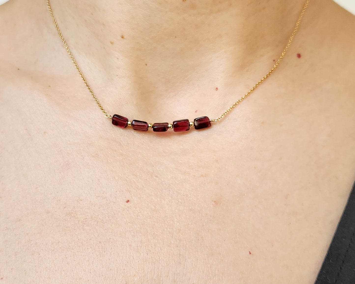 "Cosima" Garnet Row Necklace with 14k Gold-Filled Chain  15"
