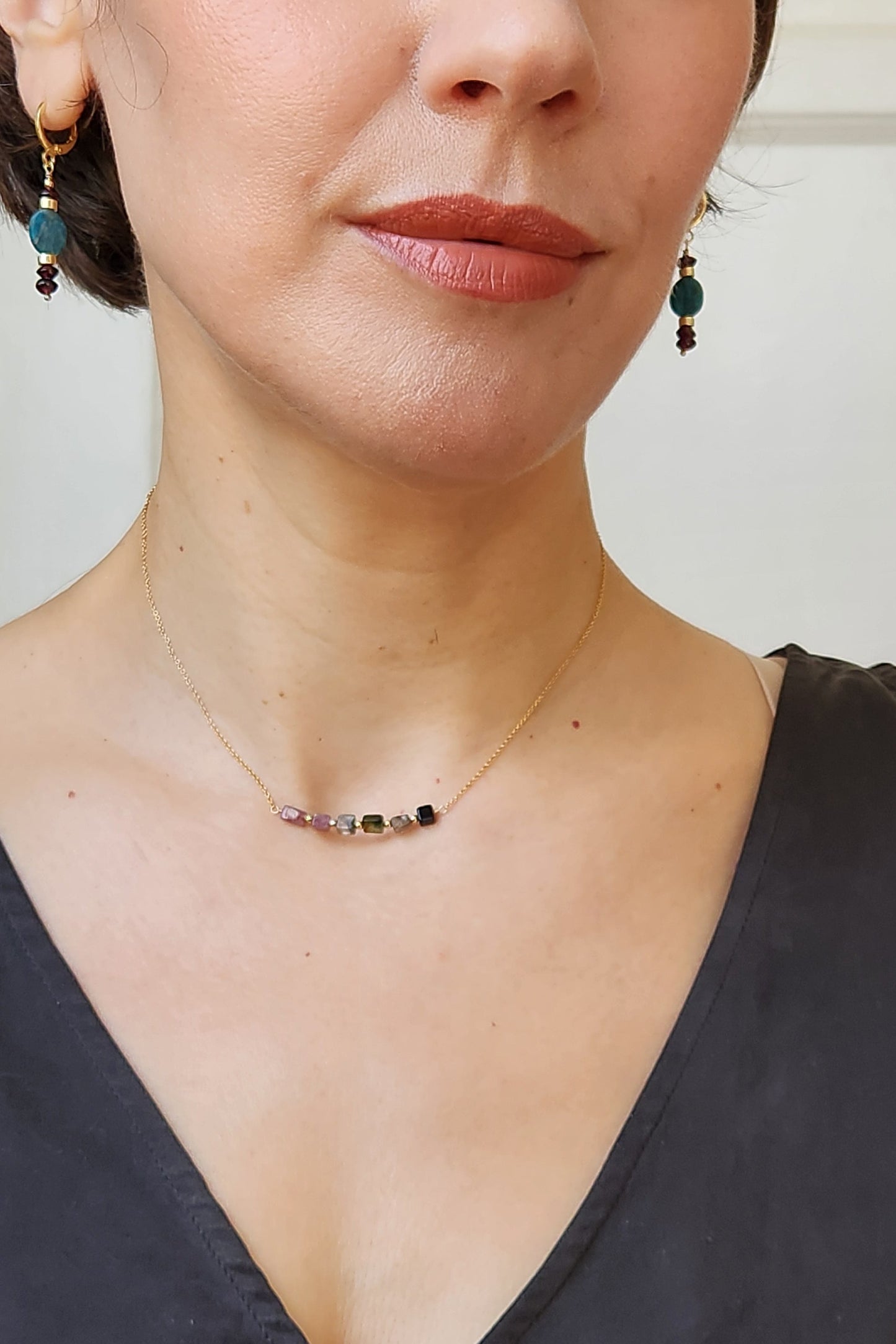 "Cosima" Tourmaline Row Necklace with 14k Gold-Filled Chain  15" Pink-Green-Black