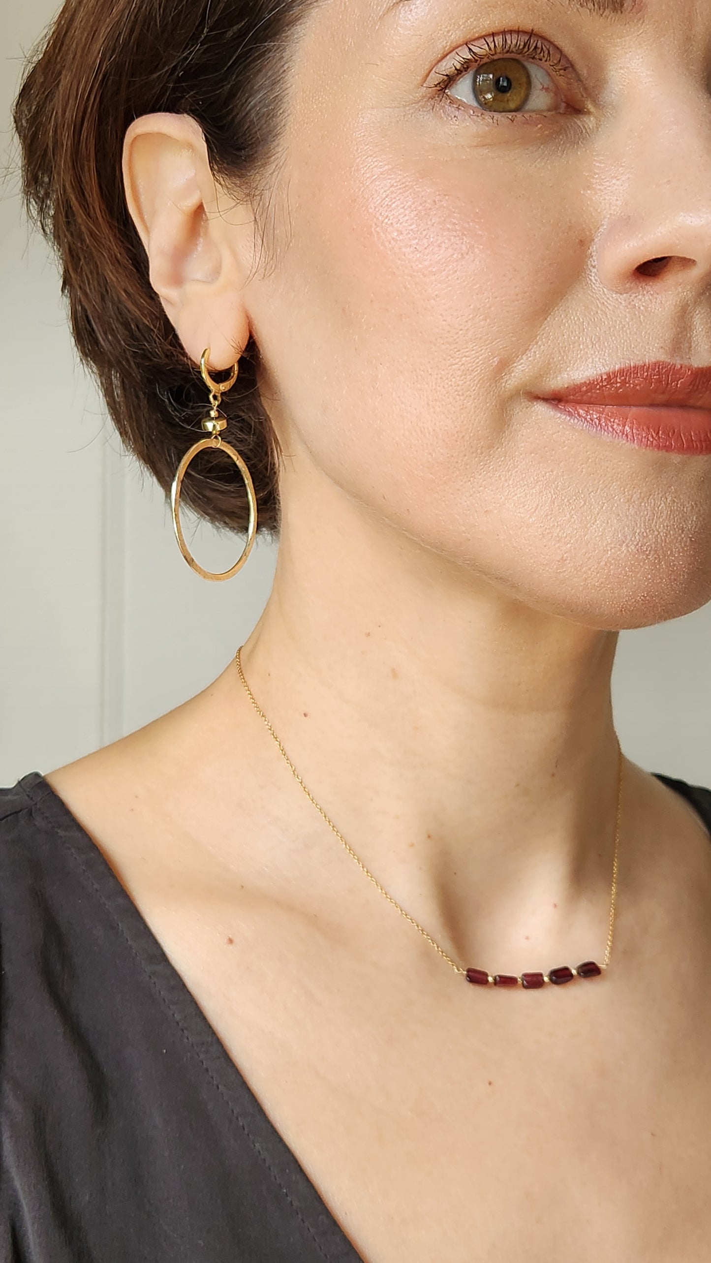 "Cosima" Garnet Row Necklace with 14k Gold-Filled Chain  15"