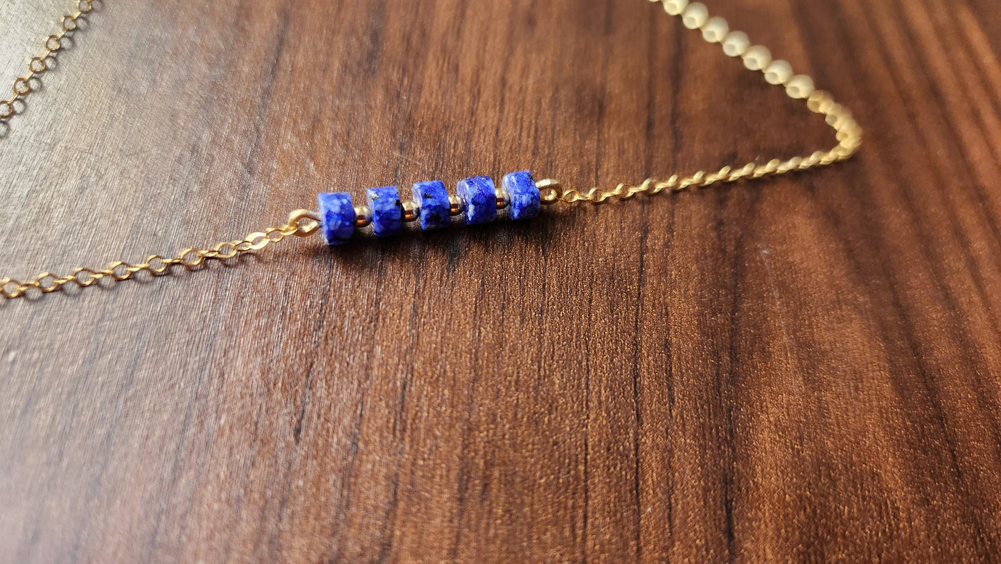 "Misha" Blue Lapis Row Necklace with 14k Gold-Filled Chain  15" inch