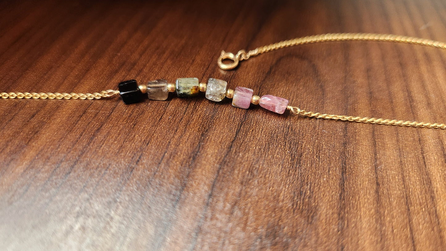 "Cosima" Tourmaline Row Necklace with 14k Gold-Filled Chain  15" Pink-Green-Black