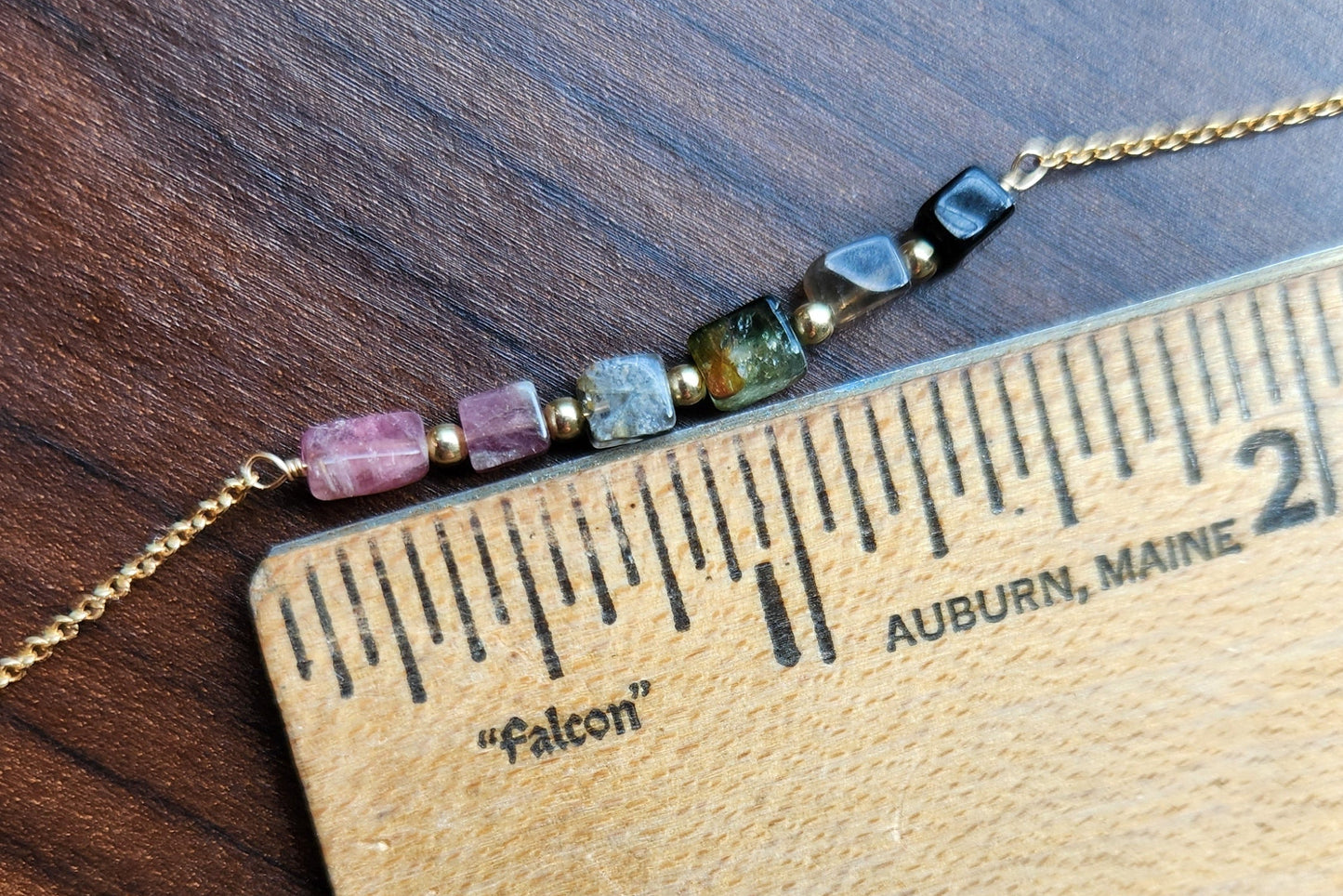 "Cosima" Tourmaline Row Necklace with 14k Gold-Filled Chain  15" Pink-Green-Black