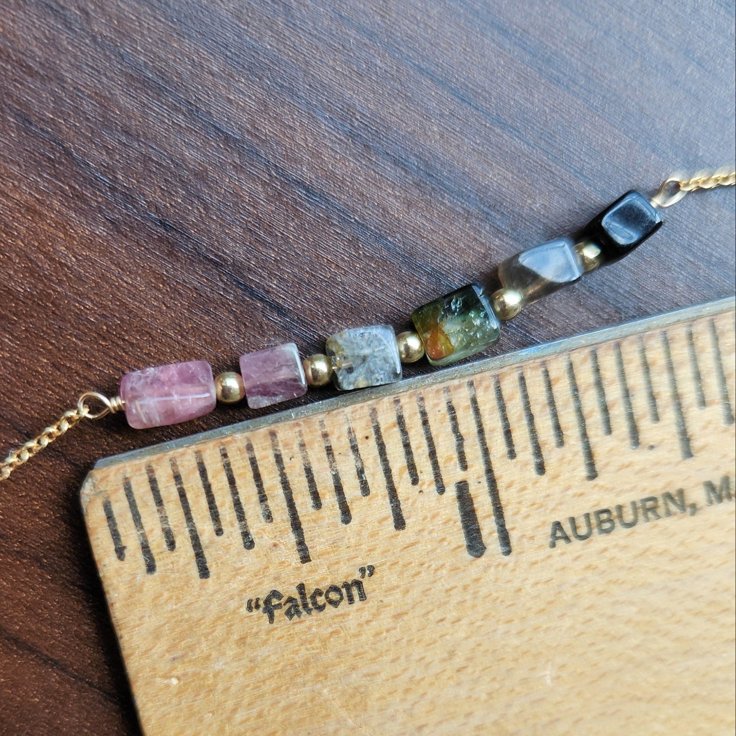 "Cosima" Tourmaline Row Necklace with 14k Gold-Filled Chain  15" Pink-Green-Black