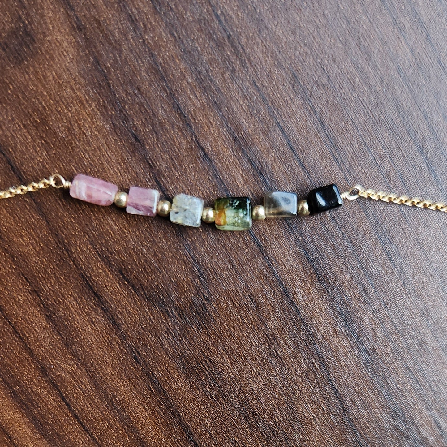 "Cosima" Tourmaline Row Necklace with 14k Gold-Filled Chain  15" Pink-Green-Black
