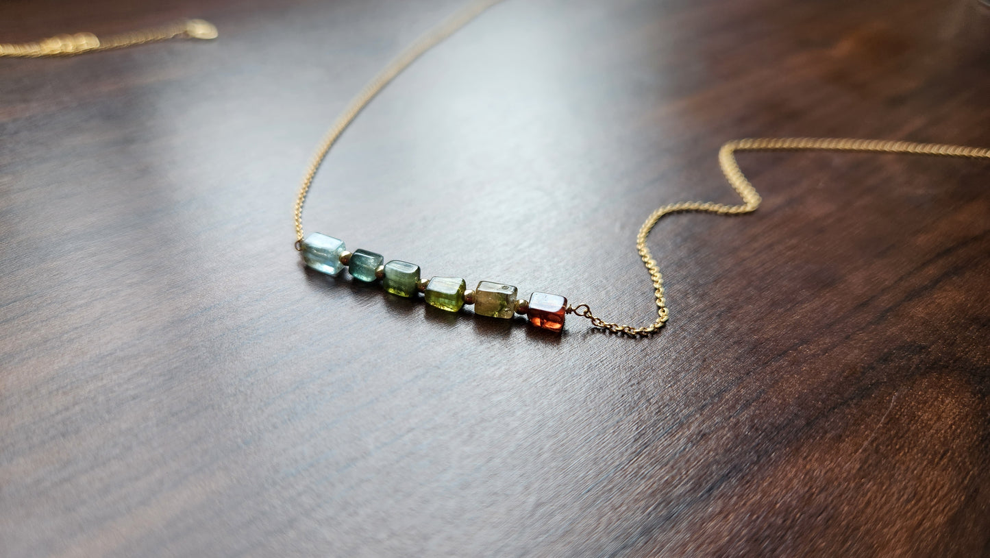 "Cosima" Tourmaline Row Necklace with 14k Gold-Filled Chain  15" Pink-Green-Gray-Aqua