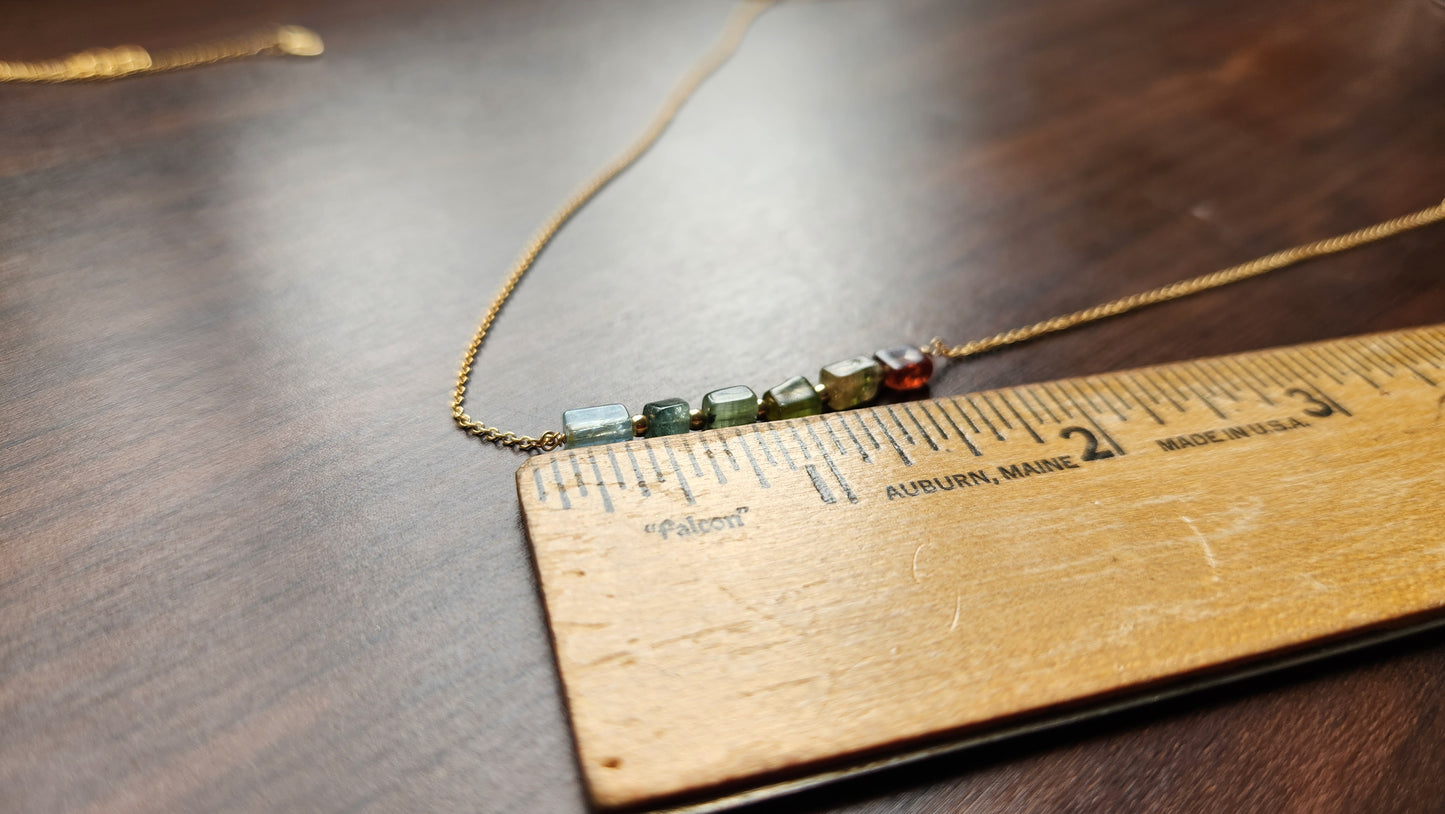 "Cosima" Tourmaline Row Necklace with 14k Gold-Filled Chain  15" Pink-Green-Gray-Aqua