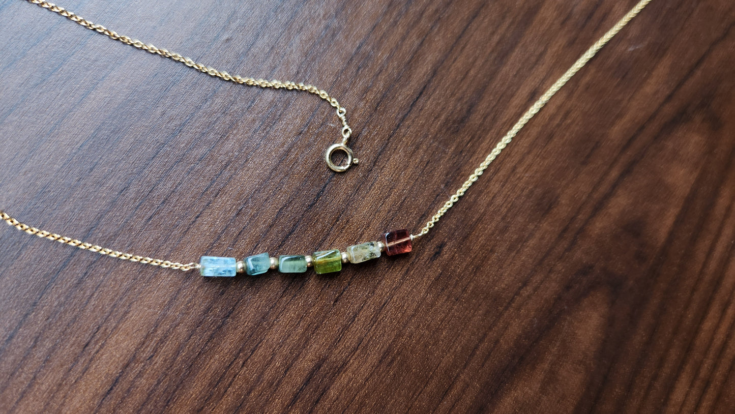 "Cosima" Tourmaline Row Necklace with 14k Gold-Filled Chain  15" Pink-Green-Gray-Aqua