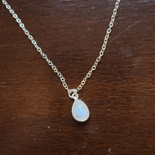 16" Sterling Silver Chain with Bezeled Moonstone Teardrop Pendant