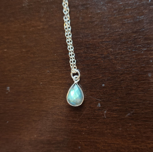 16" Sterling Silver Chain with Bezeled Labradorite Teardrop Pendant
