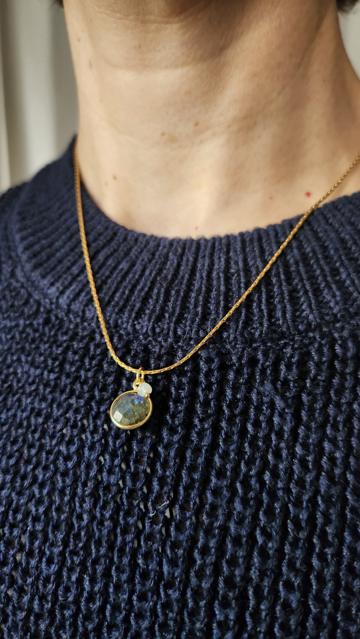 Earth and Moon Labradorite and Moonstone pendant necklace 18" Gold Plated Chain