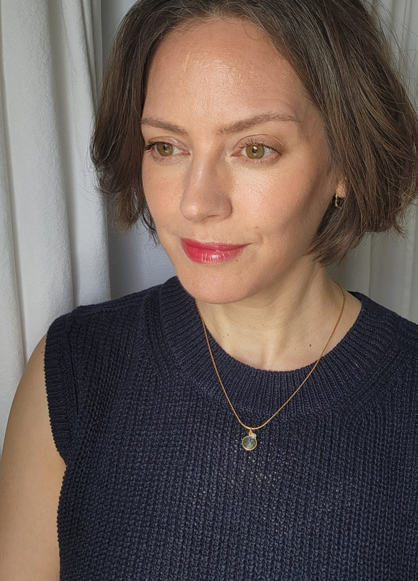 Earth and Moon Labradorite and Moonstone pendant necklace 18" Gold Plated Chain