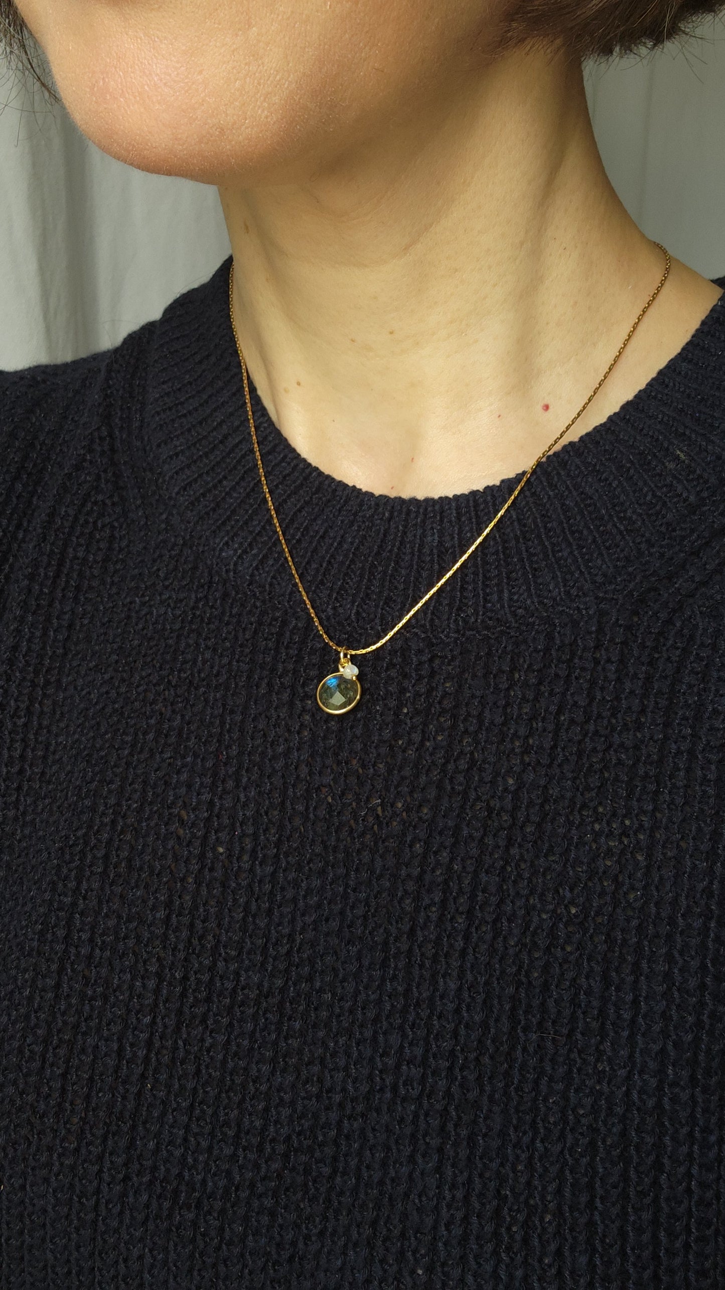 Earth and Moon Labradorite and Moonstone pendant necklace 18" Gold Plated Chain