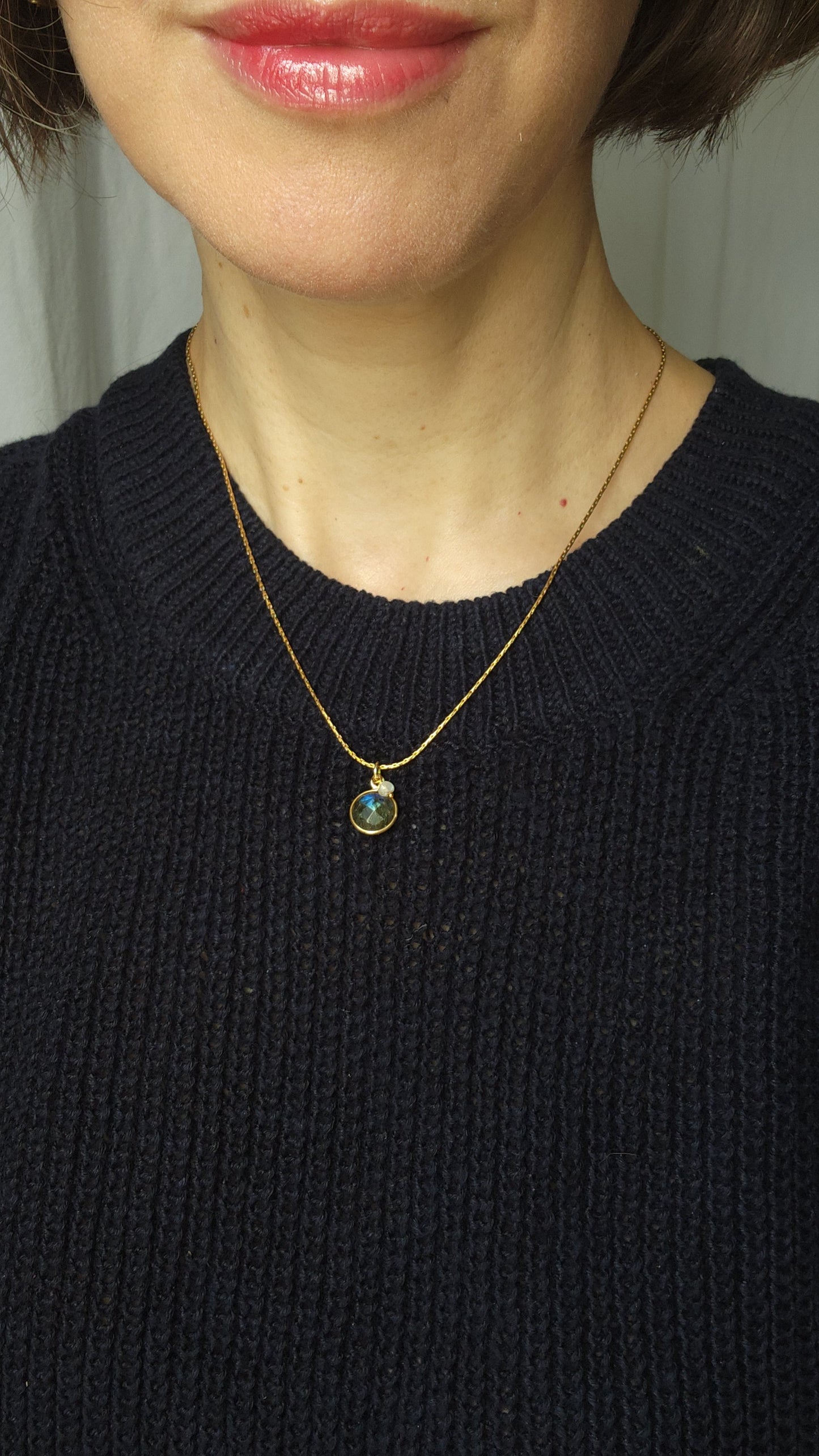 Earth and Moon Labradorite and Moonstone pendant necklace 18" Gold Plated Chain