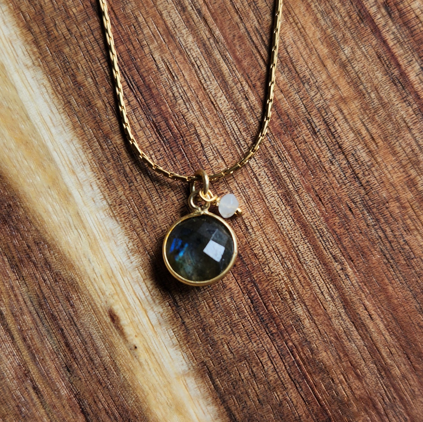 Earth and Moon Labradorite and Moonstone pendant necklace 18" Gold Plated Chain