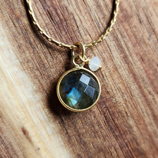Earth and Moon Labradorite and Moonstone pendant necklace 18" Gold Plated Chain