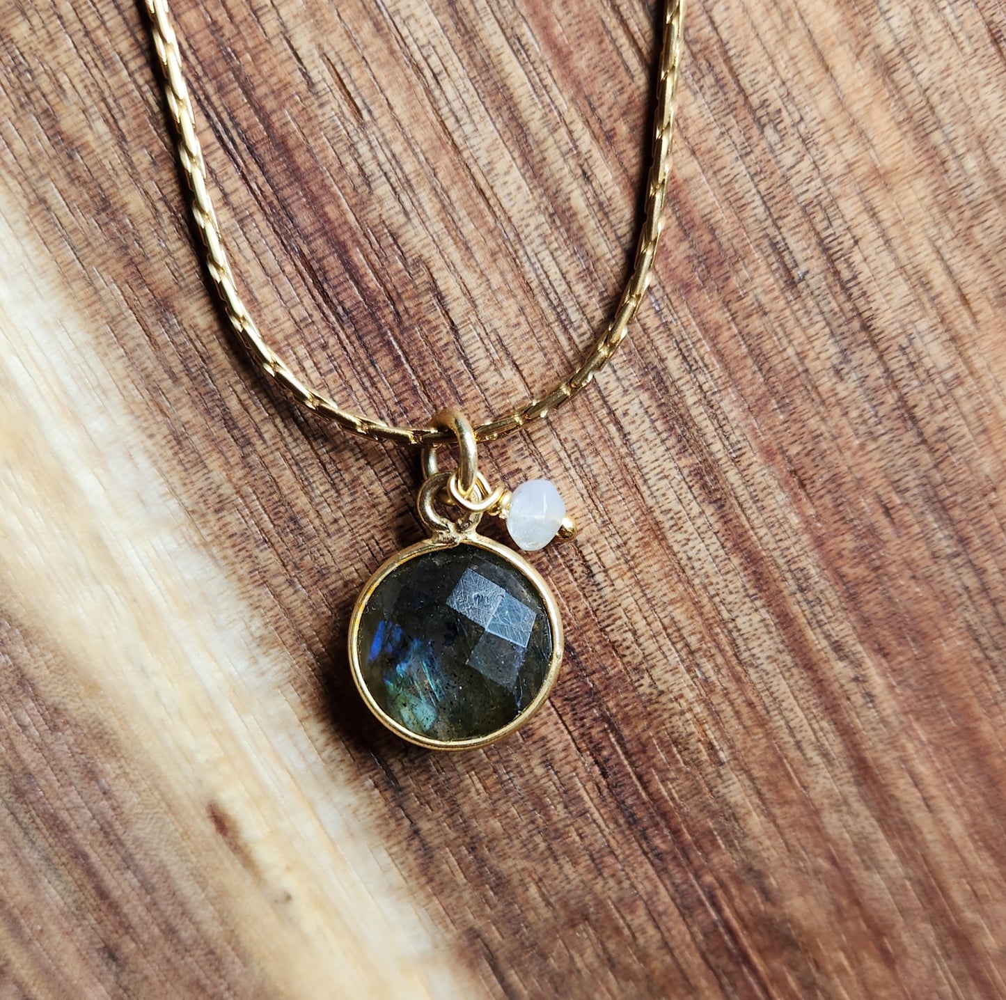 Earth and Moon Labradorite and Moonstone pendant necklace 18" Gold Plated Chain