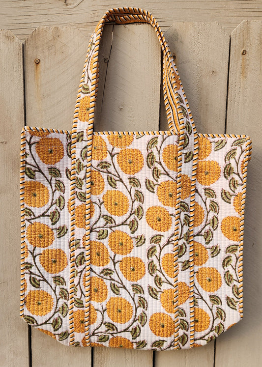 Zinnia - Yellow Flower Structured Tote Bag with zipper and inside pocket