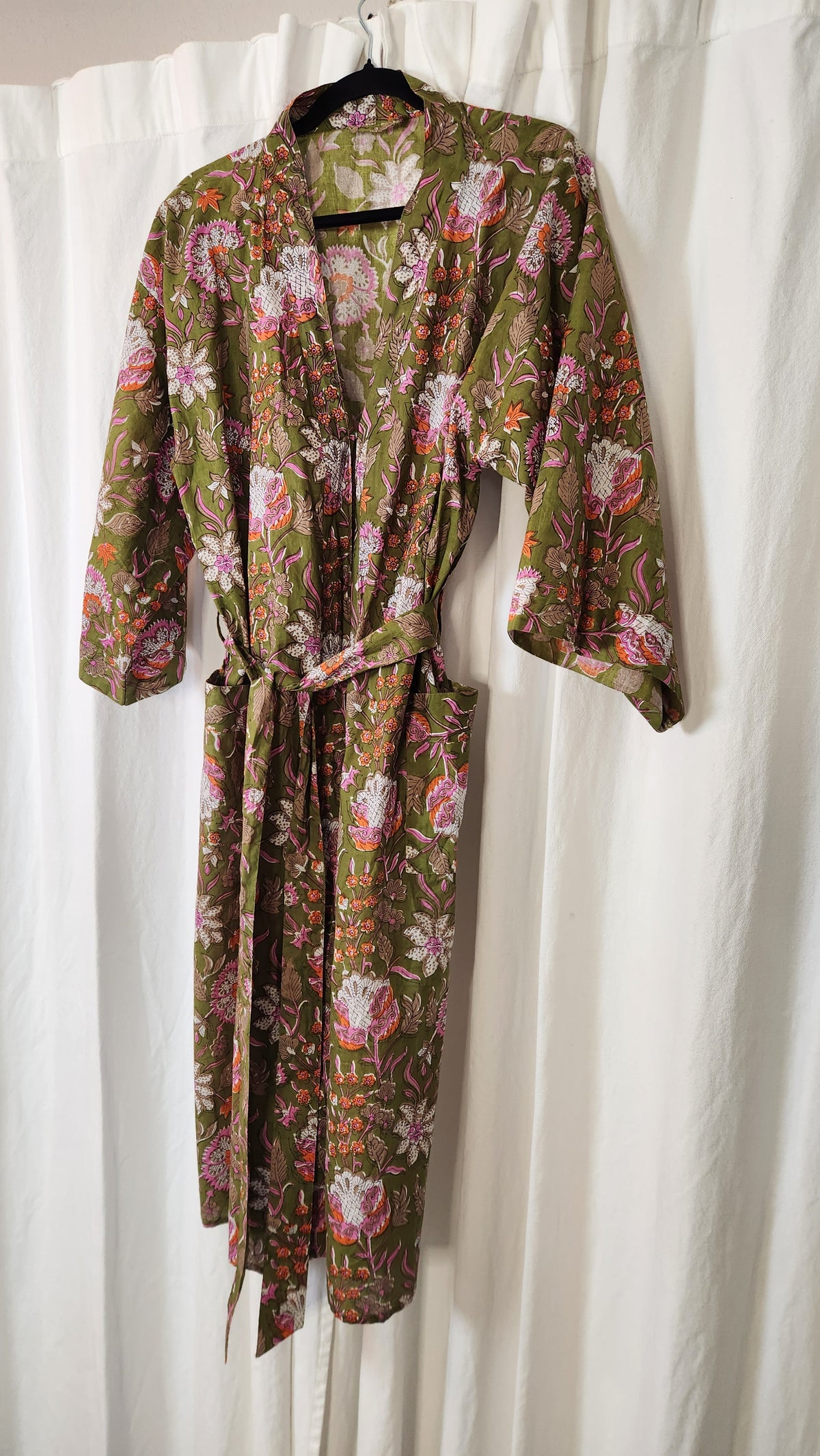Olive Green Vintage Botanical Cotton Dressing Robe - Size XS-M