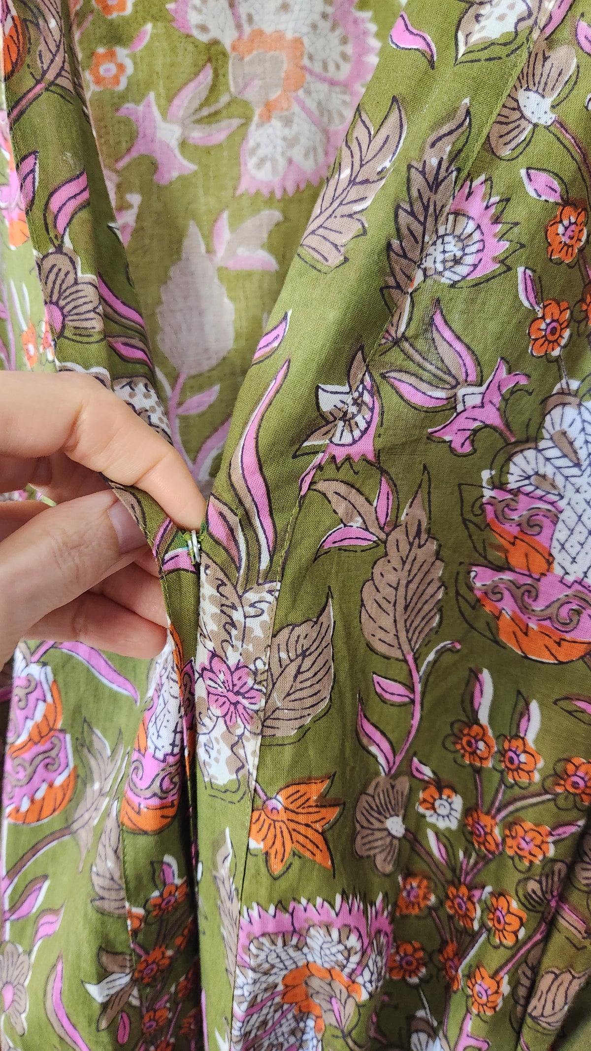 Olive Green Vintage Botanical Cotton Dressing Robe - Size XS-M