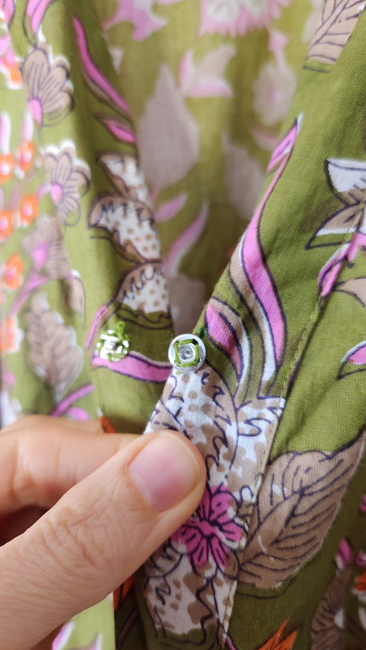 Olive Green Vintage Botanical Cotton Dressing Robe - Size XS-M