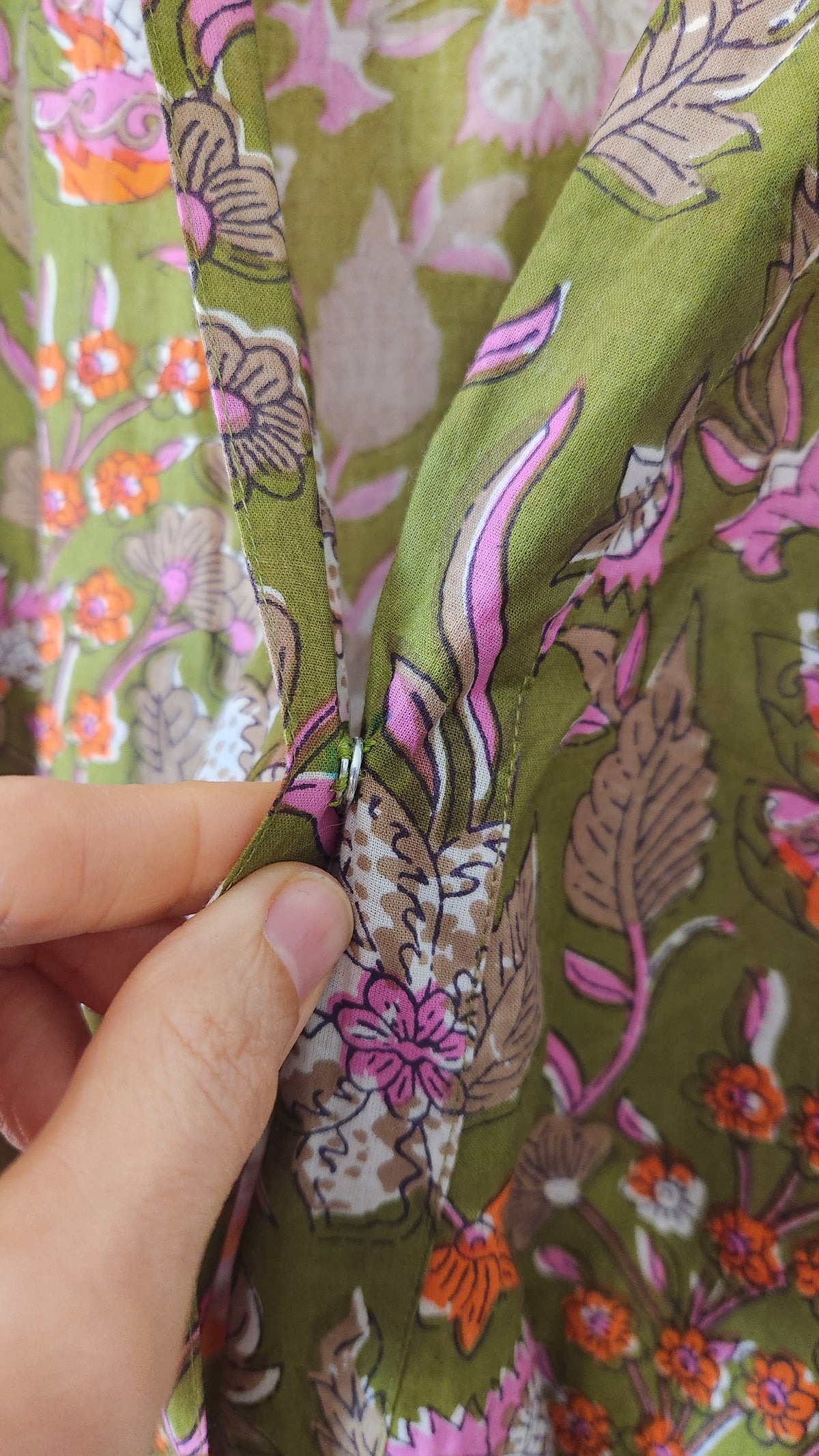 Olive Green Vintage Botanical Cotton Dressing Robe - Size XS-M