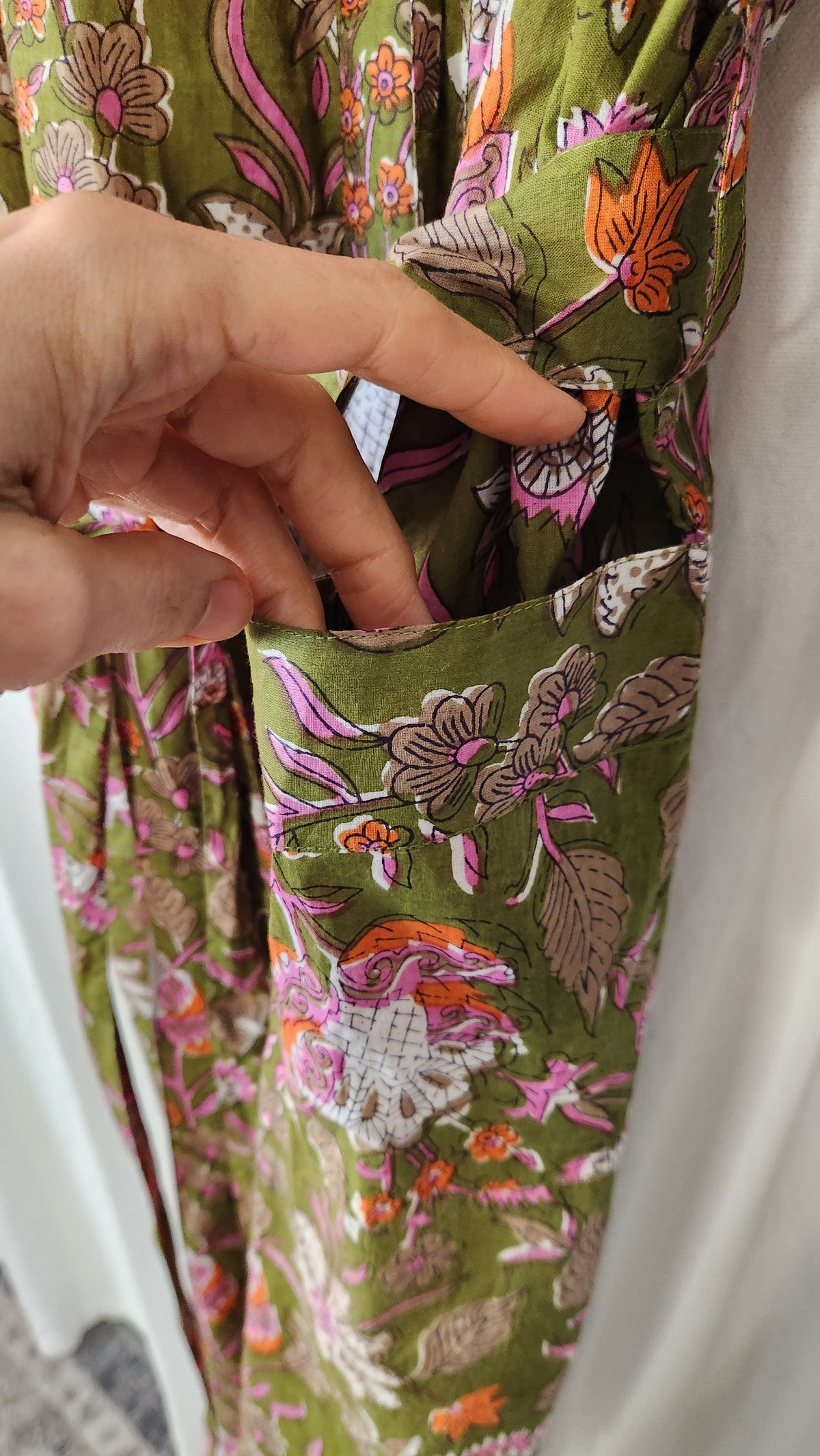 Olive Green Vintage Botanical Cotton Dressing Robe - Size XS-M