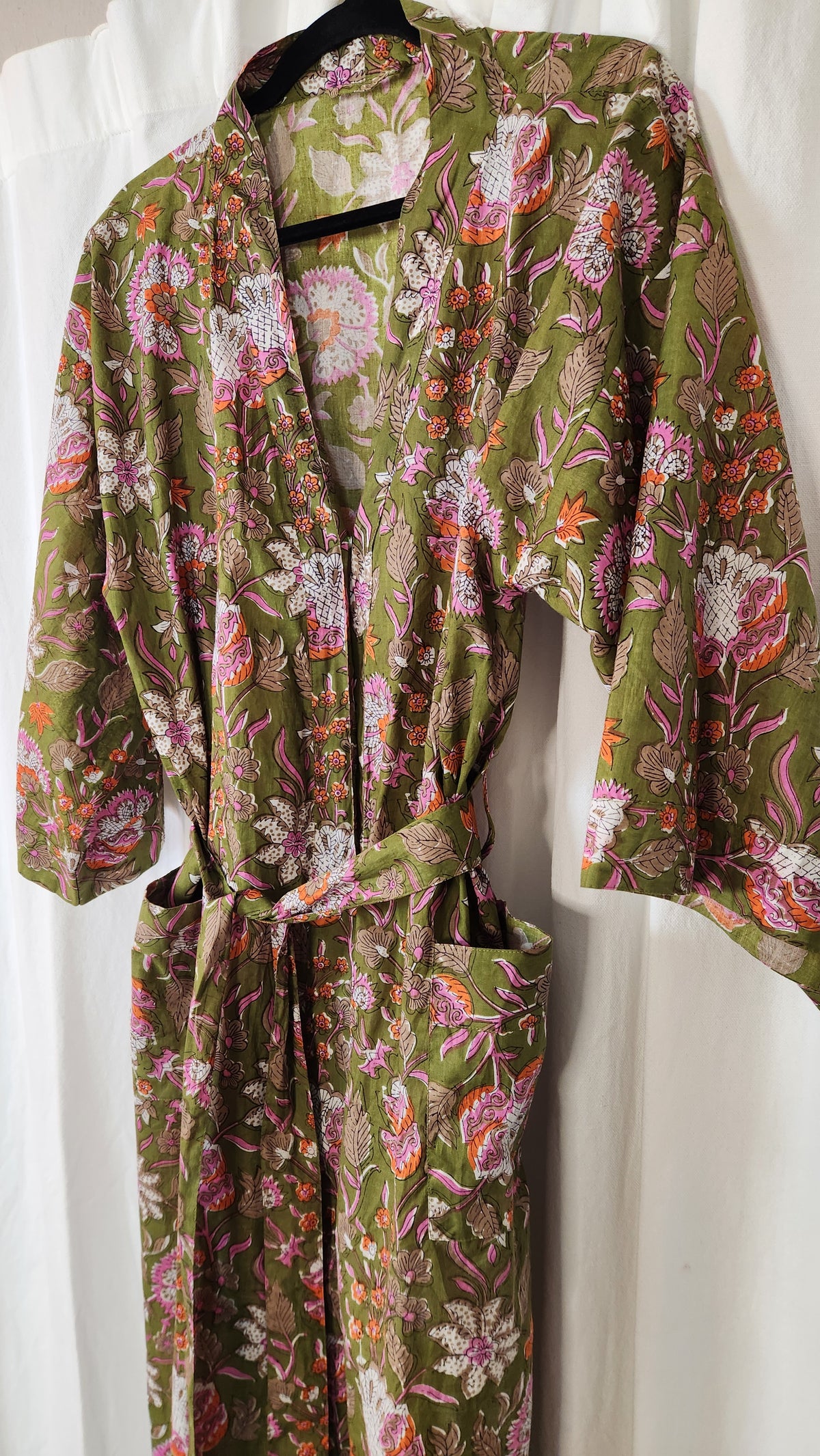 Olive Green Vintage Botanical Cotton Dressing Robe - Size XS-M