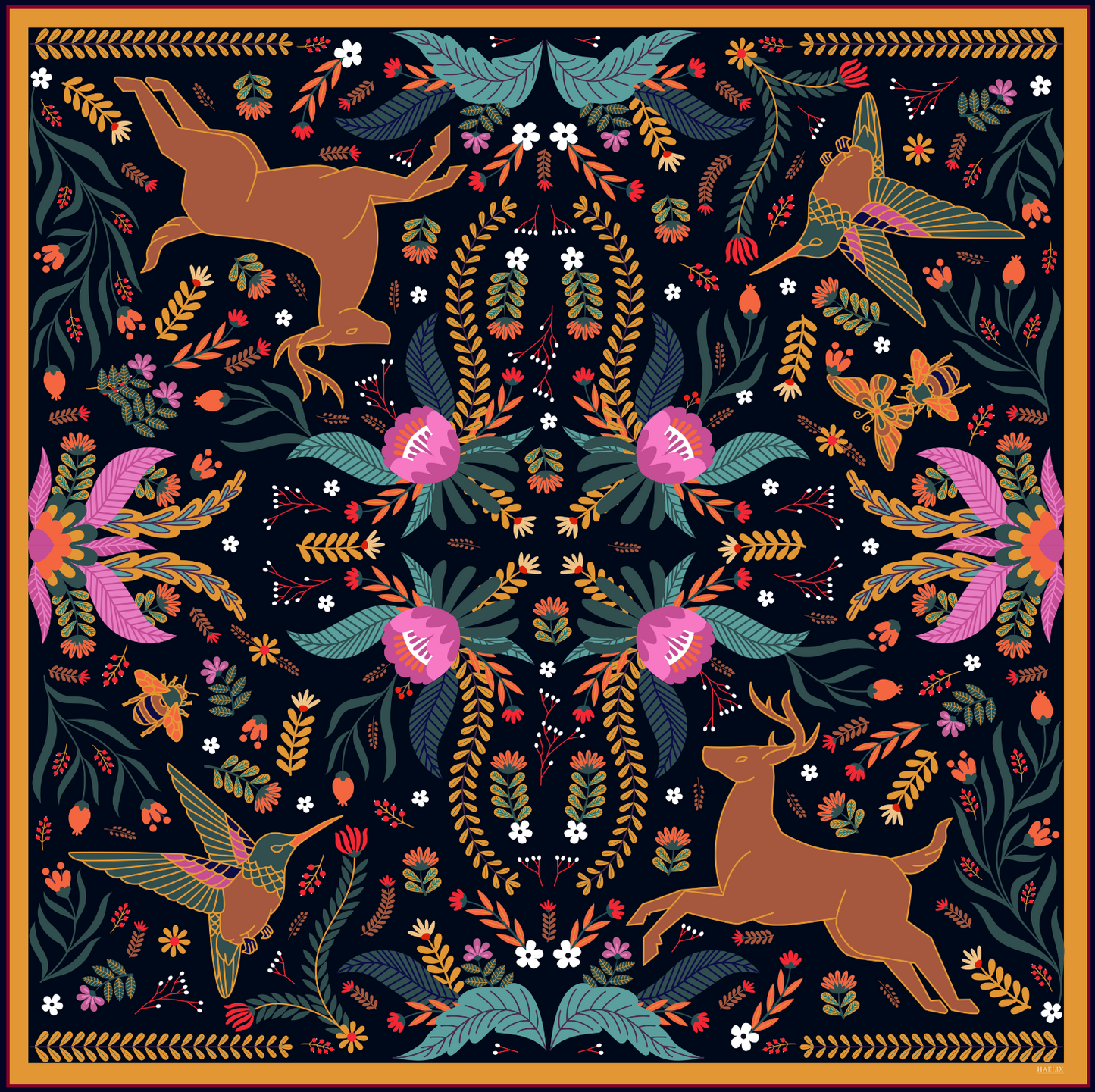 Aja 100% Silk Scarf | Midnight Garden | 39" Large Square | Lightweight